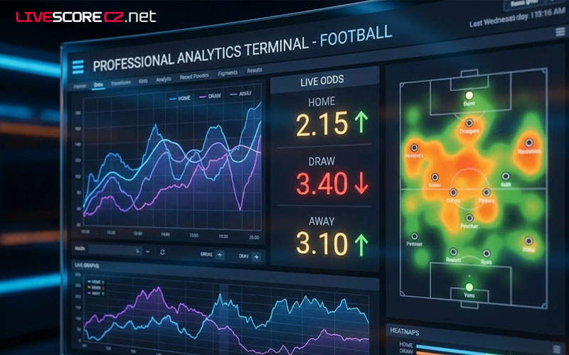 Professional analytics terminal displaying real-time odds and livescores cz.